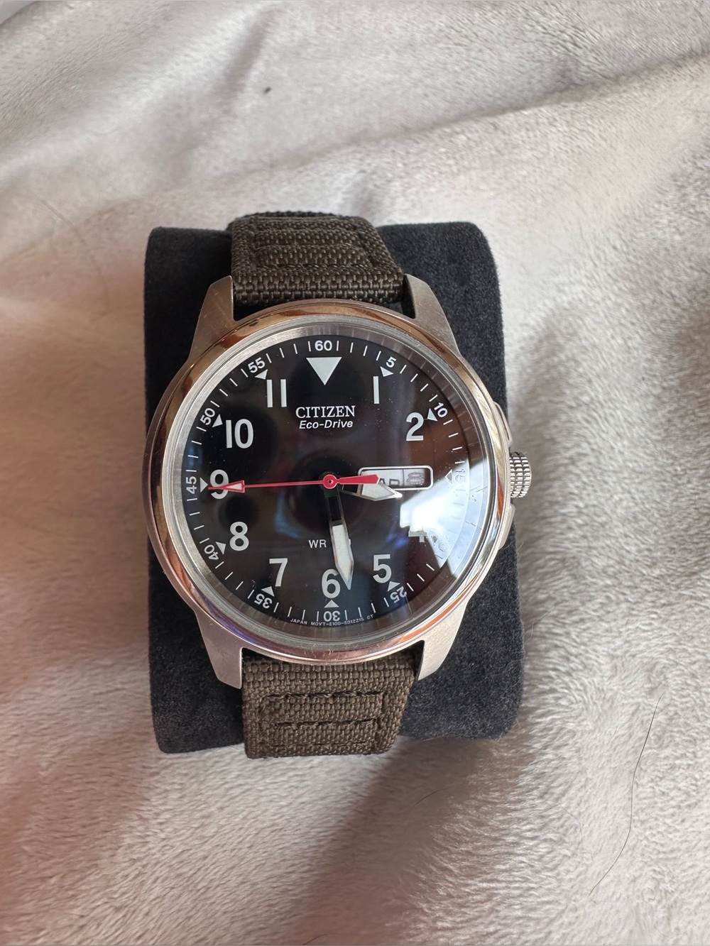 Citizen Eco-Drive Black Dial Watch with Olive Green Fabric Strap